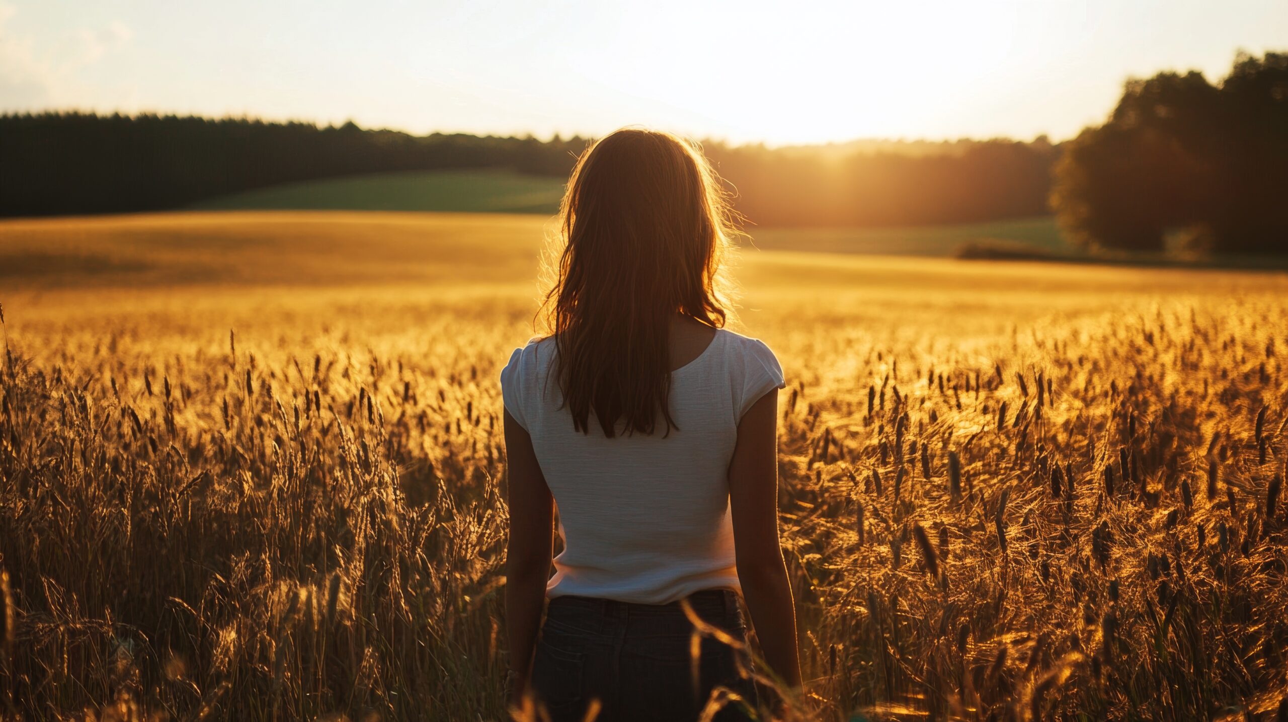 Woman standing in a field at sunset